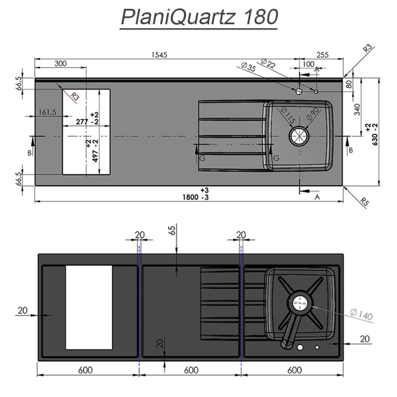 Plan de travail monobloc PlaniQuartz avec évier à gauche - 180cm SNOVA