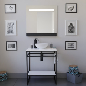 Ensemble salle de bain STRUCTURA 70 cm en métal noir, plan avec vasque à poser blanche et miroir ETAL 70x80 cm