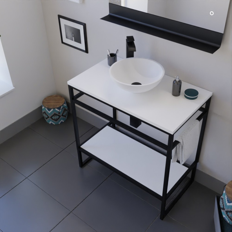Ensemble salle de bain STRUCTURA 80 cm meuble ouvert en métal noir, étagère et plan avec vasque à poser blanche et miroir