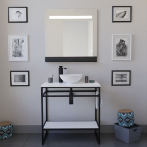 Ensemble salle de bain STRUCTURA 80 cm en métal noir, plan avec vasque à poser blanche et miroir ETAL 80x80 cm