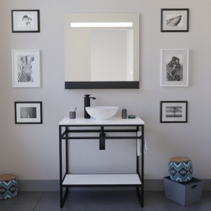 Ensemble salle de bain STRUCTURA 80 cm meuble ouvert en métal noir, étagère et plan avec vasque à poser blanche et miroir