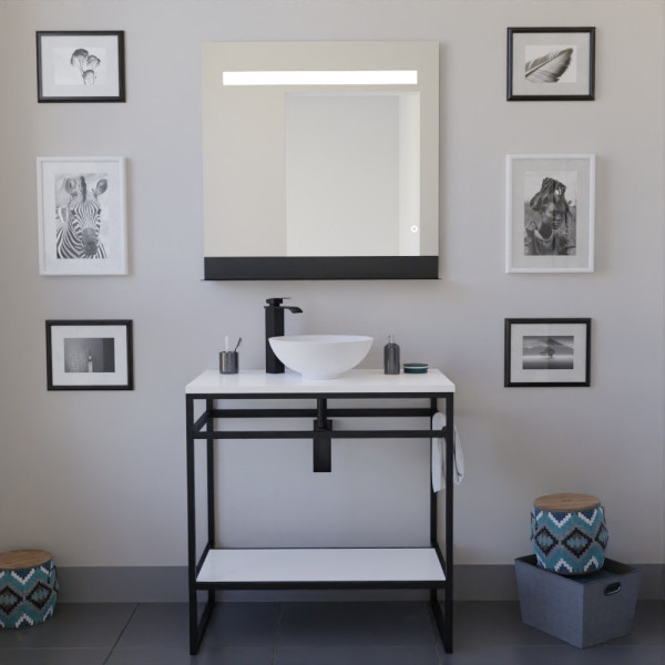 Ensemble salle de bain STRUCTURA 80 cm meuble ouvert en métal noir, étagère et plan avec vasque à poser blanche et miroir