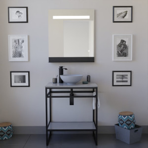 Ensemble salle de bain STRUCTURA 70 cm en métal noir, plan avec vasque à poser grise et miroir ETAL 70x80 cm