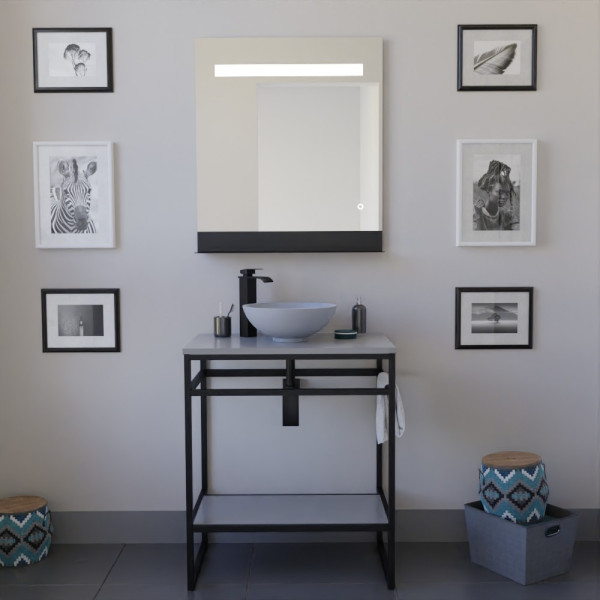 Ensemble salle de bain STRUCTURA 70 cm meuble ouvert en métal noir, étagère et plan avec vasque à poser grise et miroir