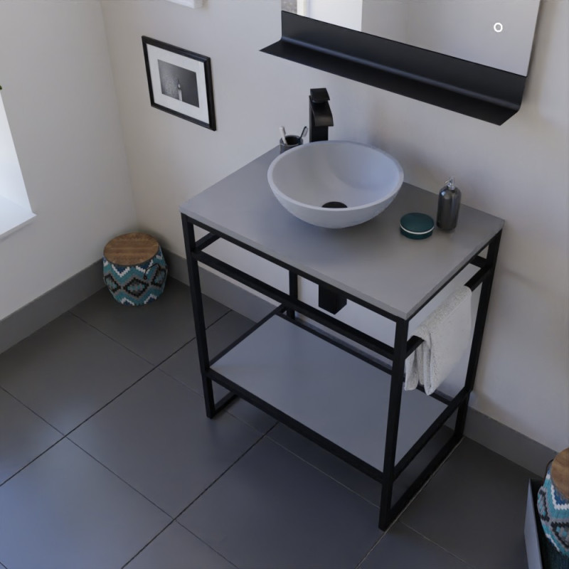 Ensemble salle de bain STRUCTURA 70 cm meuble ouvert en métal noir, étagère et plan avec vasque à poser grise et miroir
