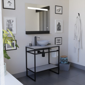 Ensemble salle de bain STRUCTURA 80 cm meuble ouvert en métal noir, étagère et plan avec vasque à poser grise et miroir