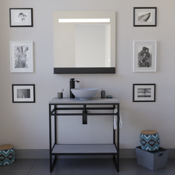 Ensemble salle de bain STRUCTURA 80 cm meuble ouvert en métal noir, étagère et plan avec vasque à poser grise et miroir 