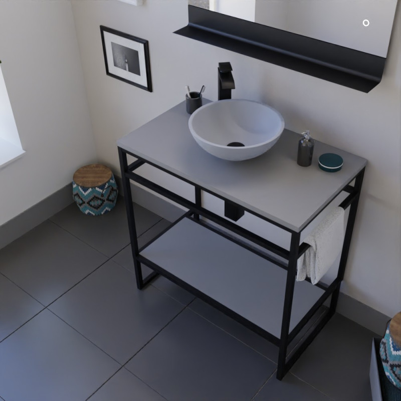 Ensemble salle de bain STRUCTURA 80 cm meuble ouvert en métal noir, étagère et plan avec vasque à poser grise et miroir