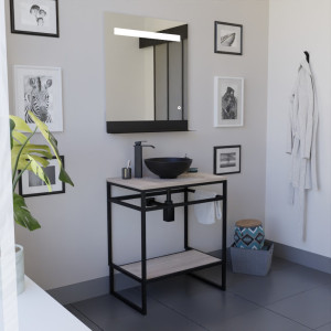 Ensemble salle de bain STRUCTURA 70 cm meuble ouvert en métal noir, étagère et plan aspect bois, vasque à poser noire et miroir 