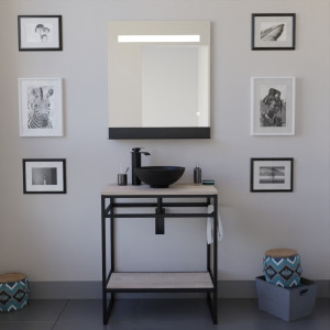 Ensemble salle de bain STRUCTURA 70 cm en métal noir, plan aspect bois avec vasque à poser noire et miroir ETAL 70x80 cm