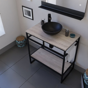 Ensemble salle de bain STRUCTURA 80 cm meuble ouvert en métal noir, étagère et plan aspect bois, vasque à poser noire et miroir 