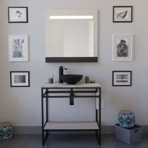 Ensemble salle de bain STRUCTURA 80 cm en métal noir, plan aspect bois avec vasque à poser noire et miroir ETAL 80x80 cm