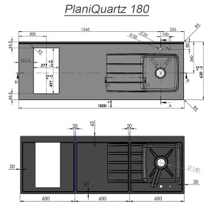 Plan de travail monobloc PlaniQuartz avec évier à gauche - 180cm CROMO