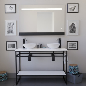Ensemble salle de bain STRUCTURA 120 cm en métal noir, plan avec vasques à poser blanches et miroir ETAL 120x80 cm
