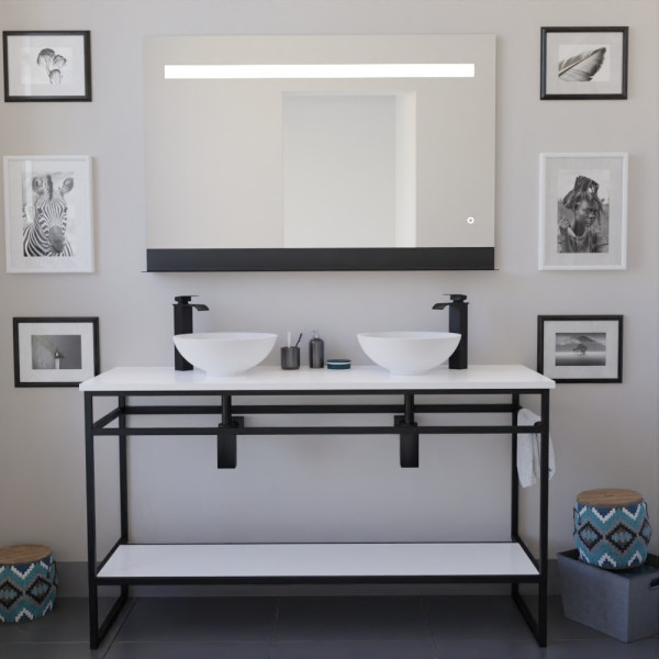 Ensemble salle de bain STRUCTURA 140 cm en métal noir, plan avec vasques à poser blanches et miroir ETAL 120x80 cm