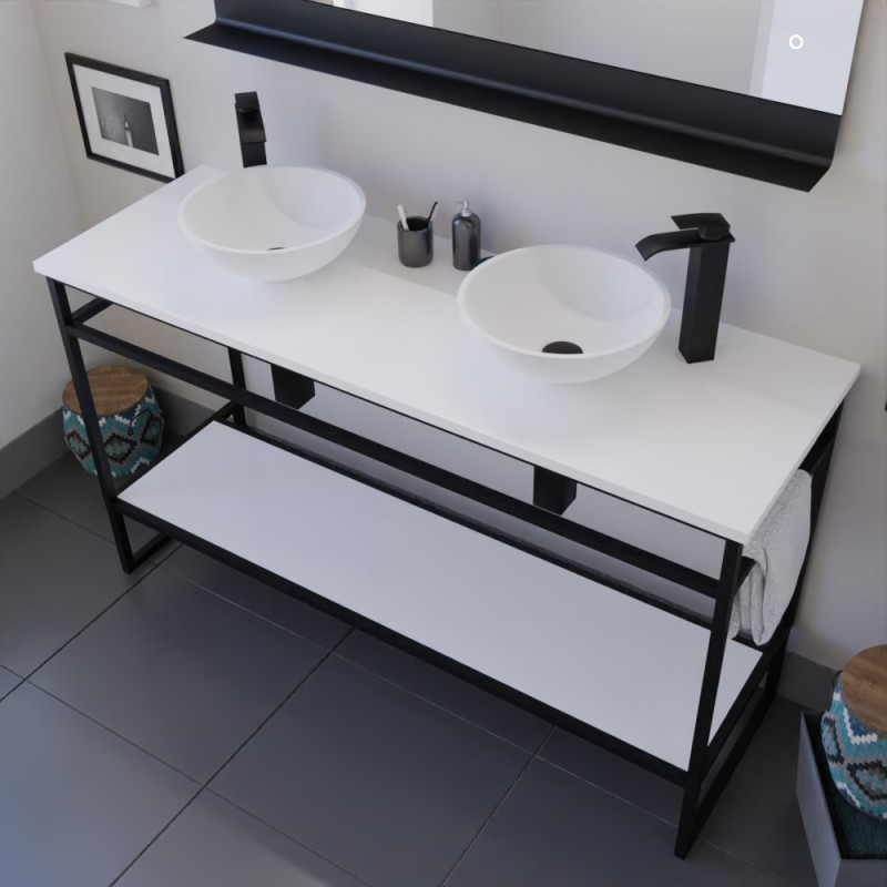 Ensemble salle de bain STRUCTURA 140 cm en métal noir, plan avec vasques à poser blanches et miroir ETAL 120x80 cm