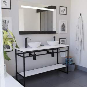 Ensemble salle de bain STRUCTURA 140 cm en métal noir, plan avec vasques à poser blanches et miroir ETAL 120x80 cm