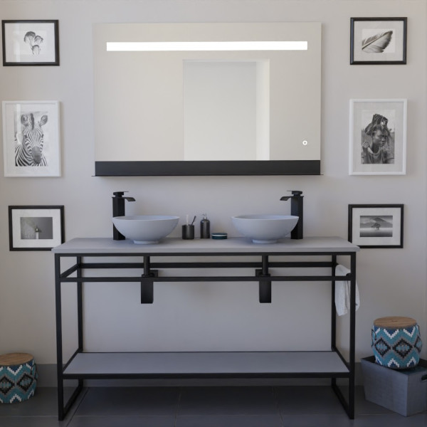 Ensemble salle de bain STRUCTURA 120 cm en métal noir, plan avec vasques à poser grises et miroir ETAL 120x80 cm
