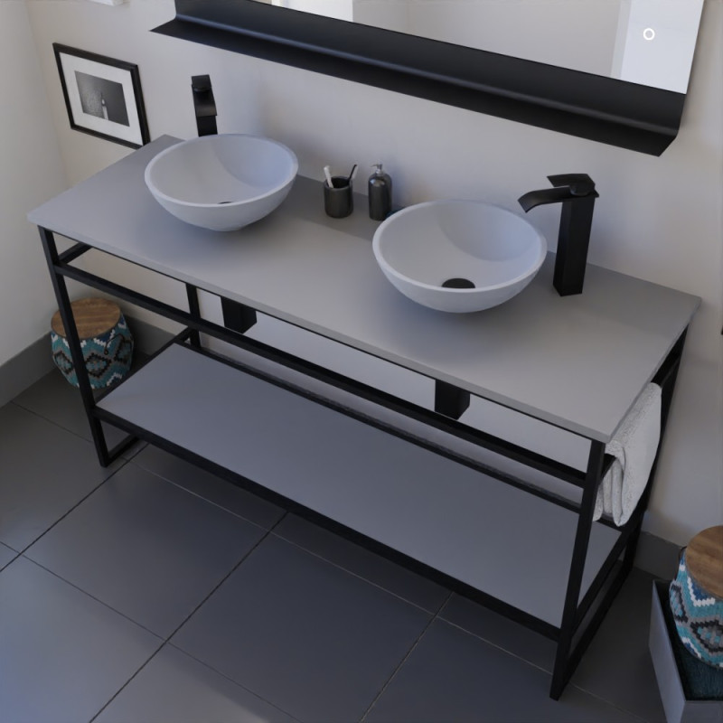 Ensemble salle de bain STRUCTURA 120 cm en métal noir, plan avec vasques à poser grises et miroir ETAL 120x80 cm