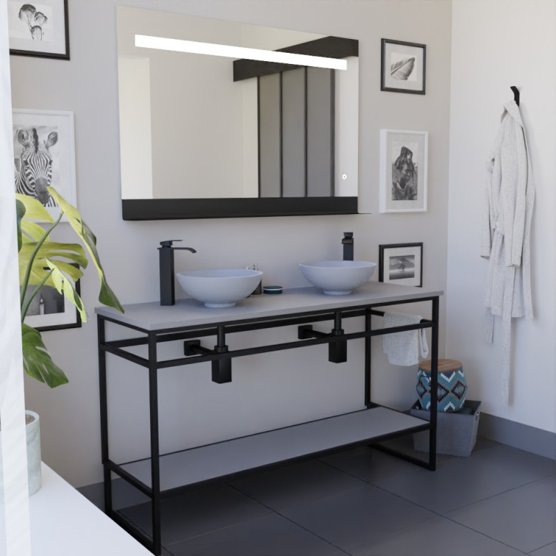 Ensemble salle de bain STRUCTURA 120 cm en métal noir, plan avec vasques à poser grises et miroir ETAL 120x80 cm