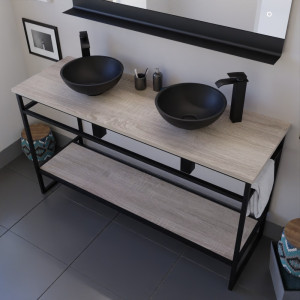 Ensemble salle de bain STRUCTURA 120 cm en métal noir, plan aspect bois avec vasques à poser noires et miroir ETAL 120x80 cm