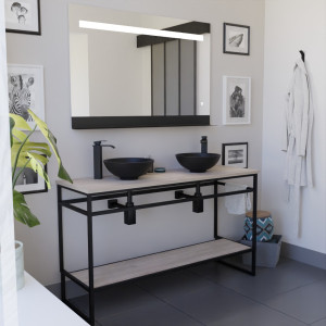 Ensemble salle de bain STRUCTURA 120 cm en métal noir, plan aspect bois avec vasques à poser noires et miroir ETAL 120x80 cm