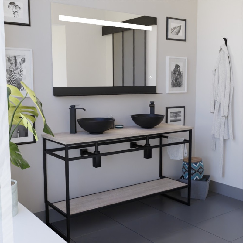 Ensemble salle de bain STRUCTURA 140 cm en métal noir, plan aspect bois avec vasques à poser noires et miroir ETAL 120x80 cm