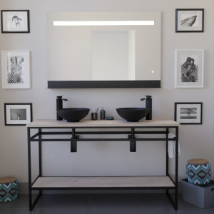 Ensemble salle de bain STRUCTURA 140 cm en métal noir, plan aspect bois avec vasques à poser noires et miroir ETAL 120x80 cm