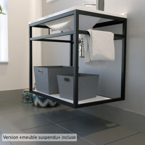 Meuble salle de bain STRUCTURA 80 cm en métal noir, étagère ouverte, plan avec vasque à poser blanche