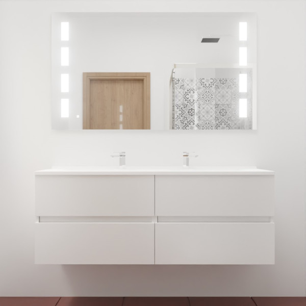 Meuble double vasque ROSINOX 140 cm avec miroir LED PRESTIGE - Blanc Mat