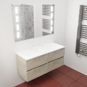 Meuble double vasque 120 cm avec miroir LED PRESTIGE - Chêne