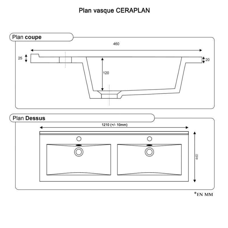 Plan double vasque en céramique CERAPLAN v2 - 120 cm