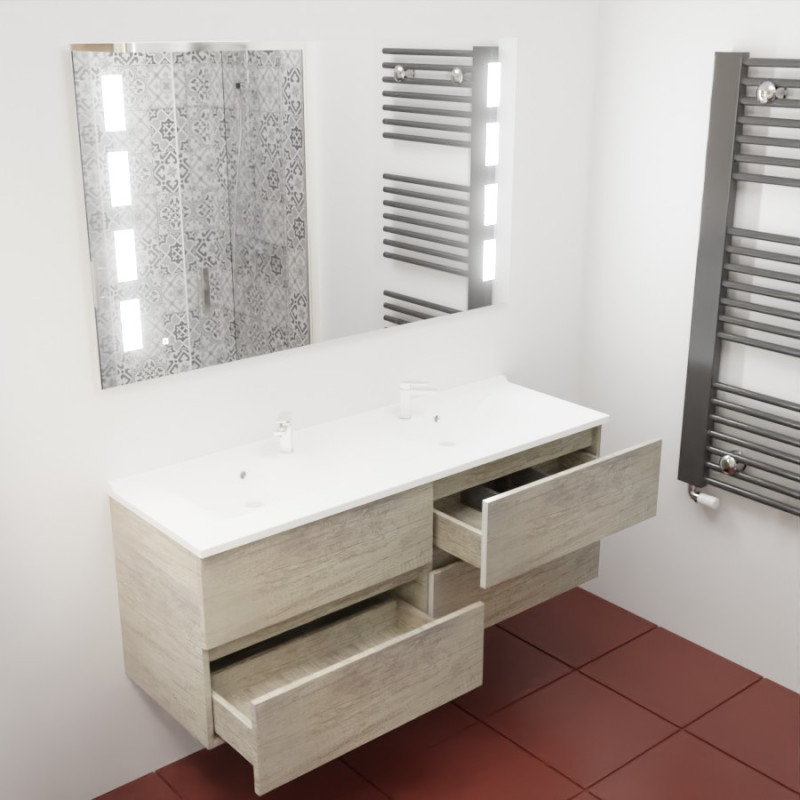Ensemble meuble double vasque 140 cm ROSINOX Chêne avec miroir LED PRESTIGE 