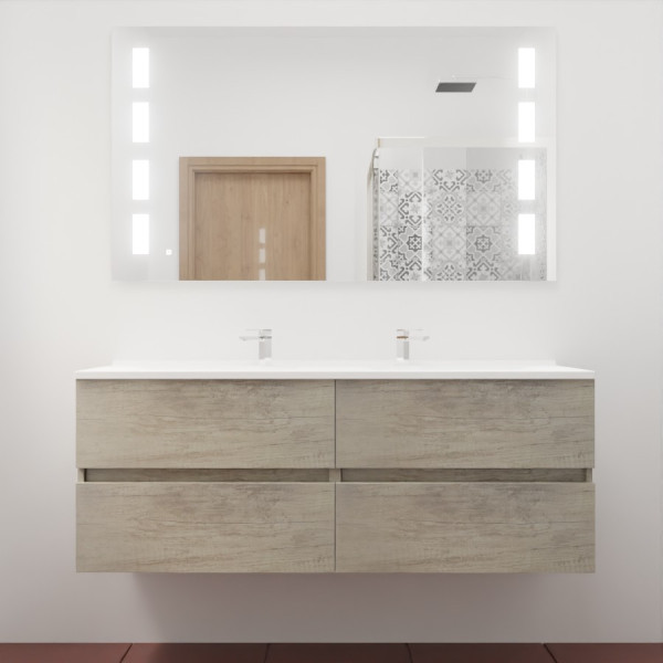 Ensemble meuble double vasque 140 cm ROSINOX Chêne avec miroir LED PRESTIGE 
