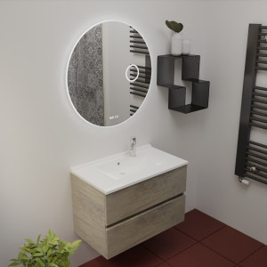 Meuble salle de bain ROSINOX 80 cm coloris Chêne avec plan vasque et miroir RONDINARA