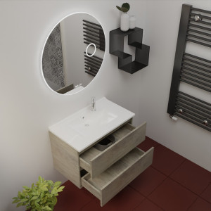 Meuble salle de bain ROSINOX 80 cm coloris Chêne avec plan vasque et miroir RONDINARA