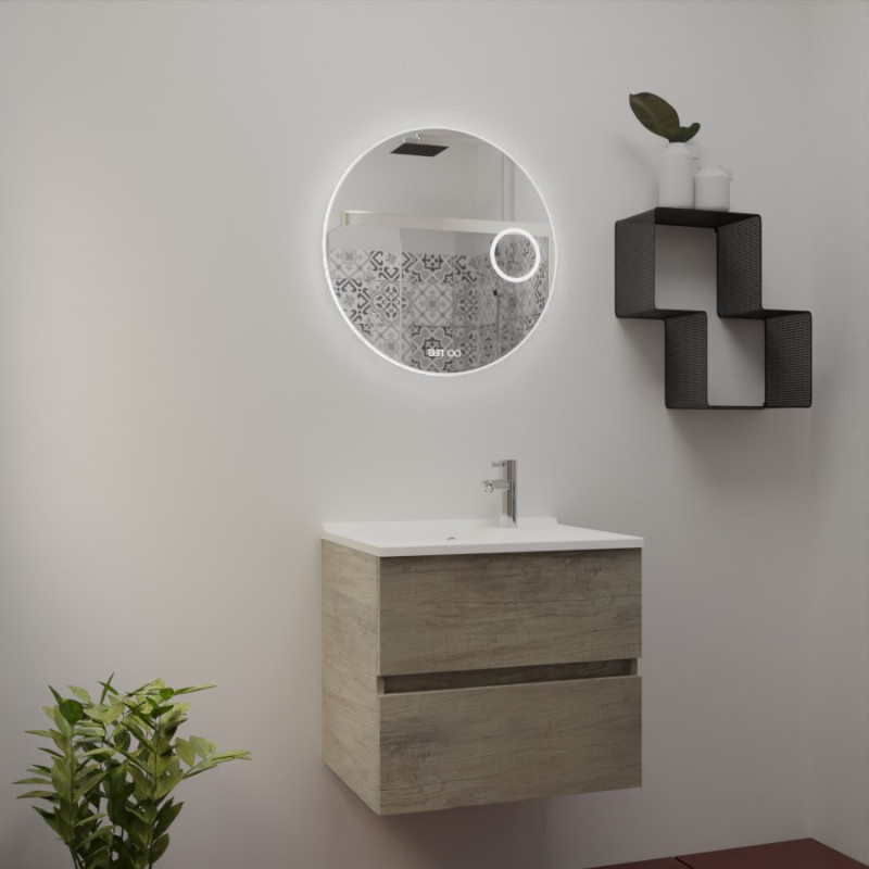 Meuble salle de bain ROSINOX 60 cm coloris Chêne avec plan simple vasque et miroir RONDINARA 