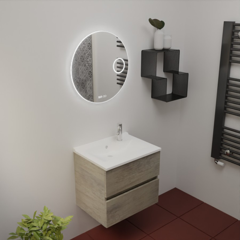 Meuble salle de bain ROSINOX 60 cm coloris Chêne avec plan simple vasque et miroir RONDINARA 
