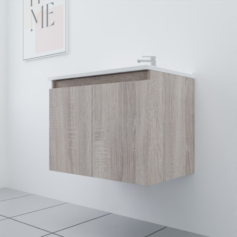 Meuble salle de bain 70 cm avec plan simple vasque PROLINE couleur chêne