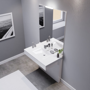 Meuble vasque adapté PMR 90 cm EPURE blanc brillant avec miroir et applique LED