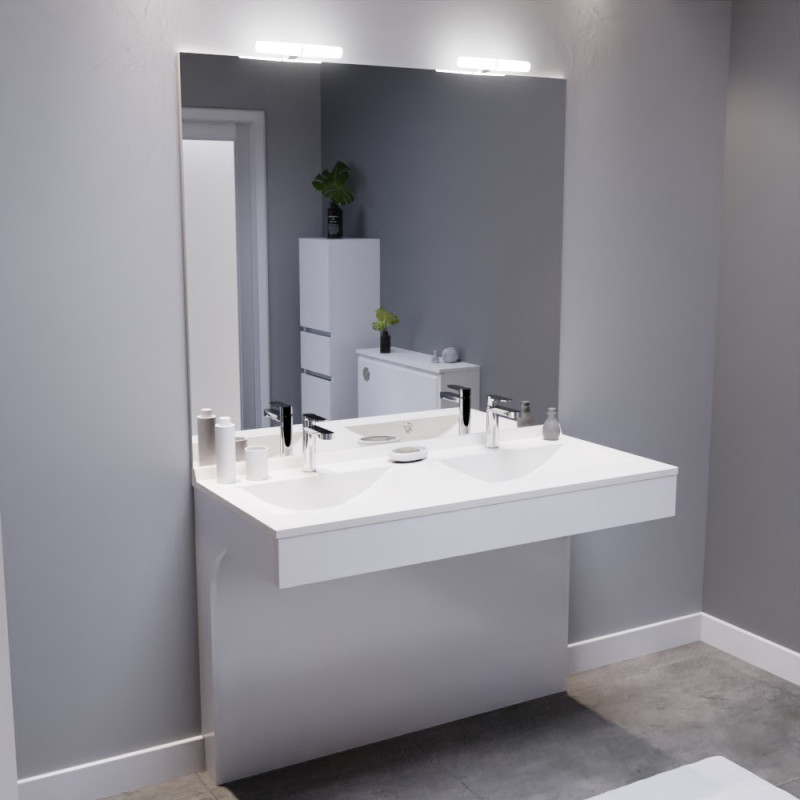 Meuble salle de bain PMR EPURE 120 cm avec plan double vasque, miroir et appliques LED