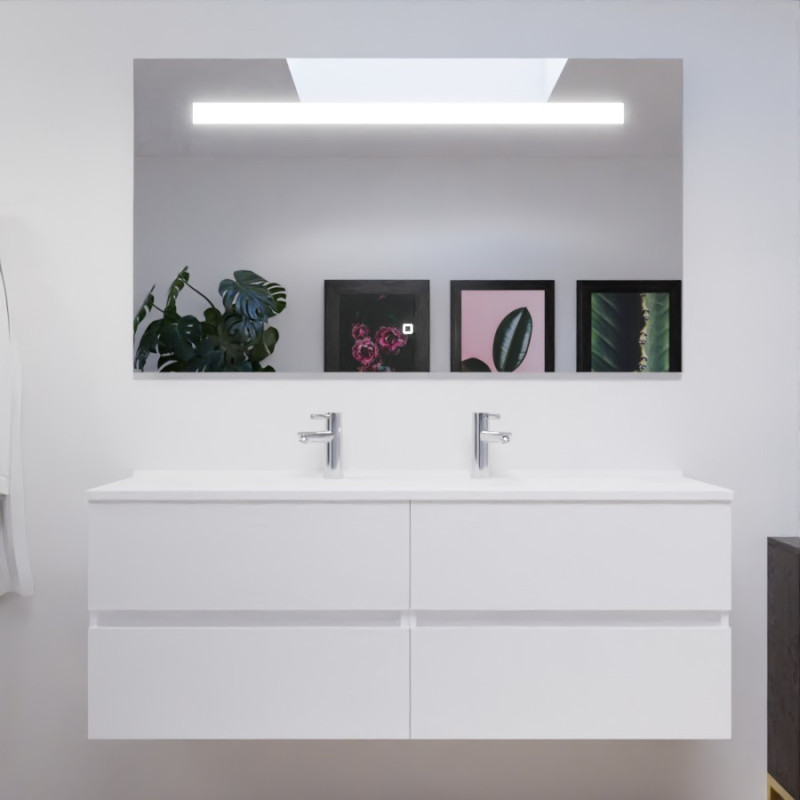 Meuble double vasque 140 cm ROSALY couleur blanc brillant avec plan vasque en résine et miroir LED 140 cm x 80 cm 