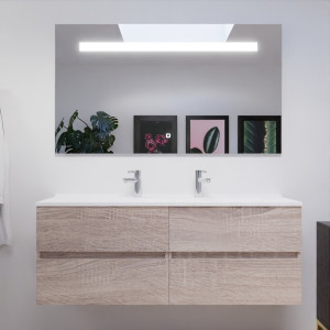 Meuble double vasque 140 cm ROSALY couleur bois avec plan vasque en résine et miroir LED 140 cm x 80 cm 