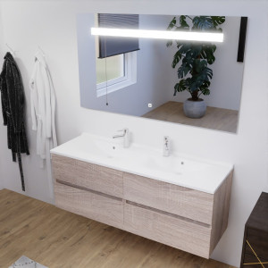 Meuble double vasque 140 cm ROSALY couleur bois avec plan vasque en résine et miroir LED 140 cm x 80 cm 