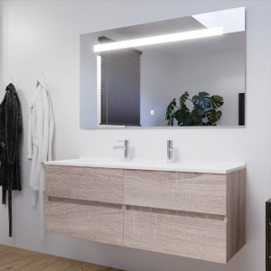 Meuble double vasque 140 cm ROSALY couleur bois avec plan vasque en résine et miroir LED 140 cm x 80 cm 