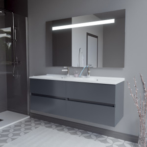 Meuble double vasque 140 cm ROSALY couleur gris anthracite brillant avec plan vasque en résine et miroir LED 140 cm x 80 cm 