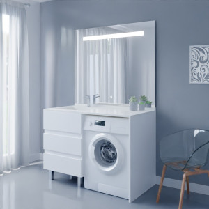 Ensemble meuble de salle de bain IDEA avec emplacement lave-linge plan  vasque déportée à gauche 124cm blanc - CUISIBANE - IDM00_124GBL_F