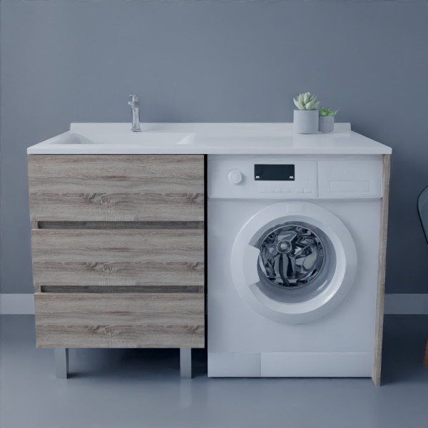 Meuble lave-linge KORA 124 cm vasque déportée à gauche - Coloris bois