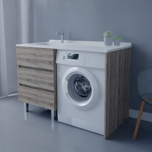 Meuble lave-linge KORA 124 cm vasque déportée à gauche - Coloris bois