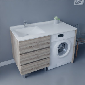 Meuble lave-linge KORA 124 cm vasque déportée à gauche - Coloris bois